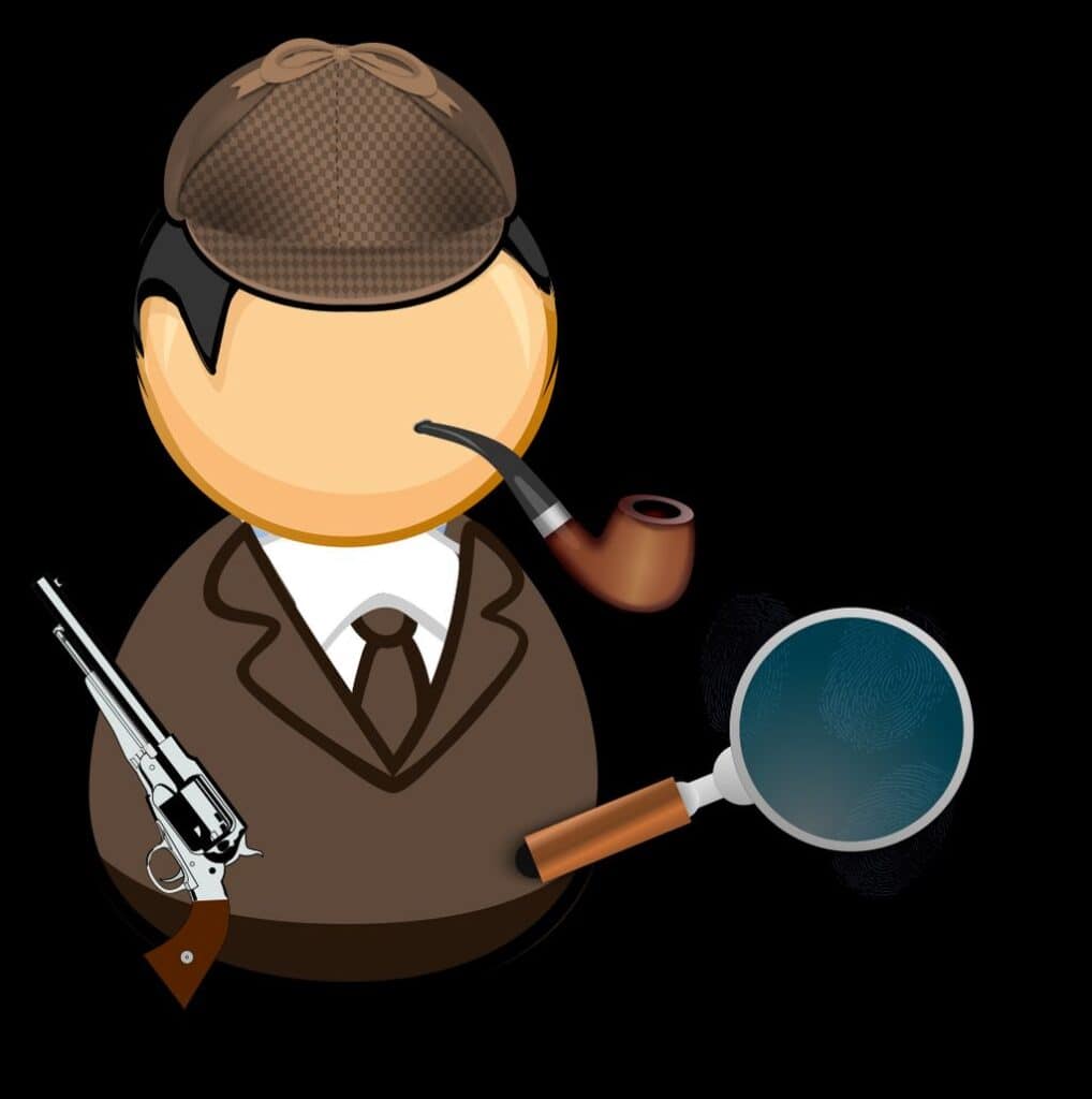 Detective illustration with magnifying glass, pipe, and revolver representing private investigation services